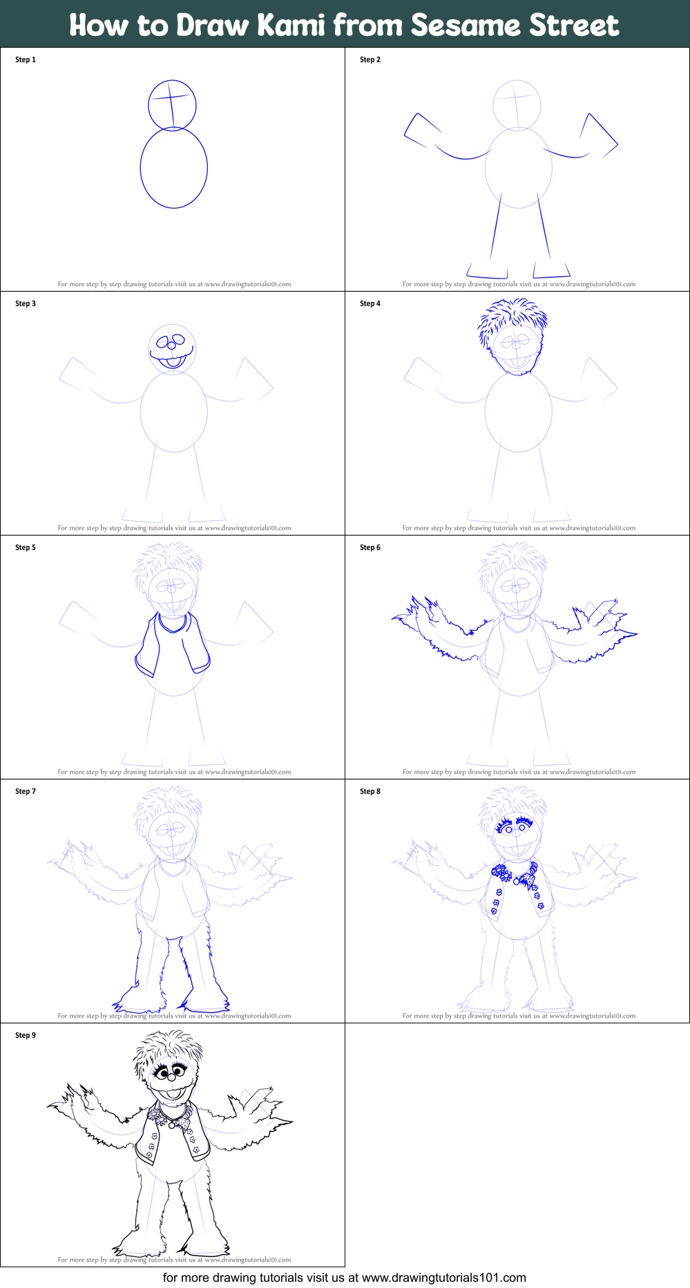 How to Draw Kami from Sesame Street printable step by step drawing ...