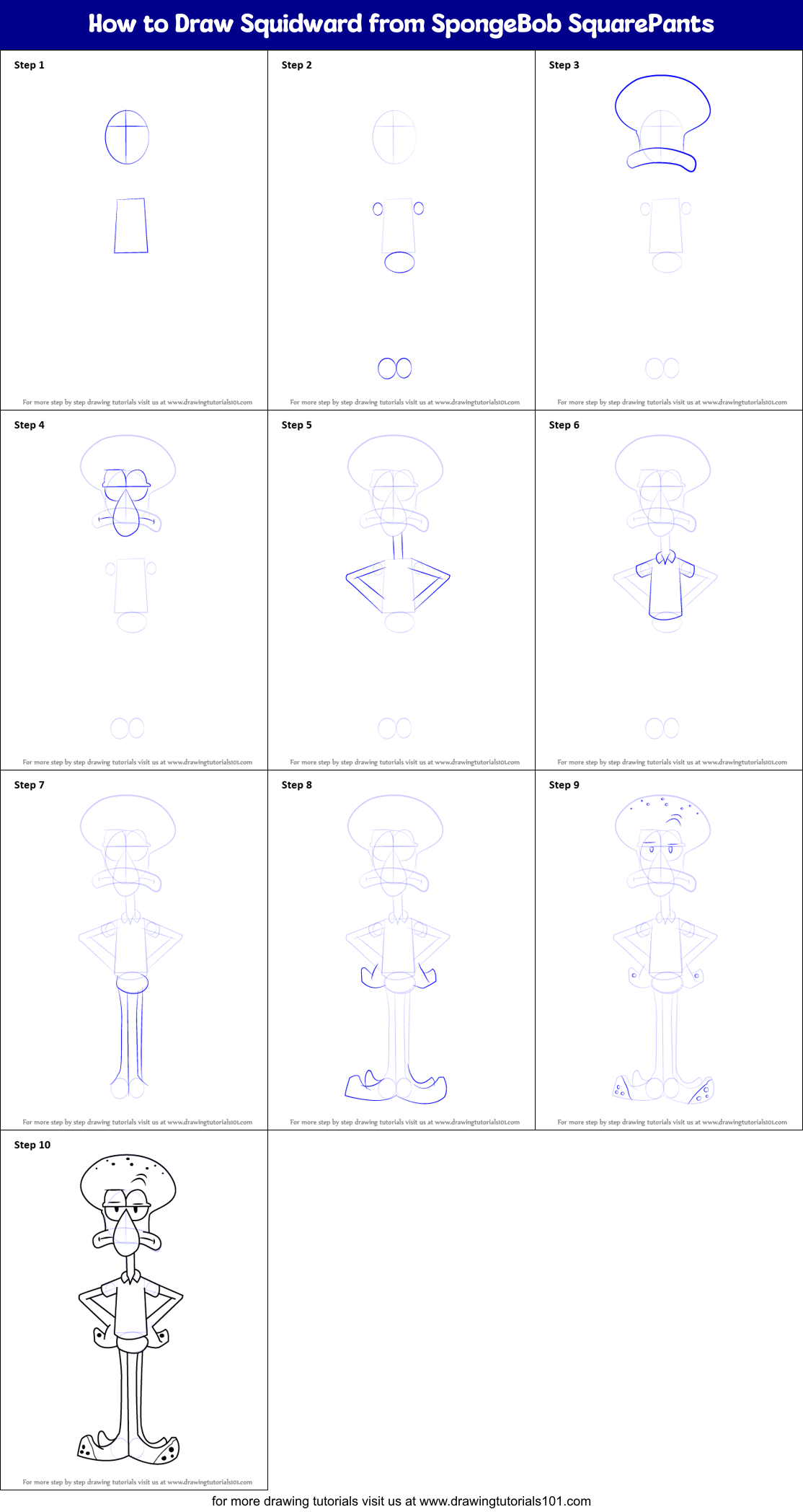 How to Draw Squidward from SpongeBob SquarePants printable step by step