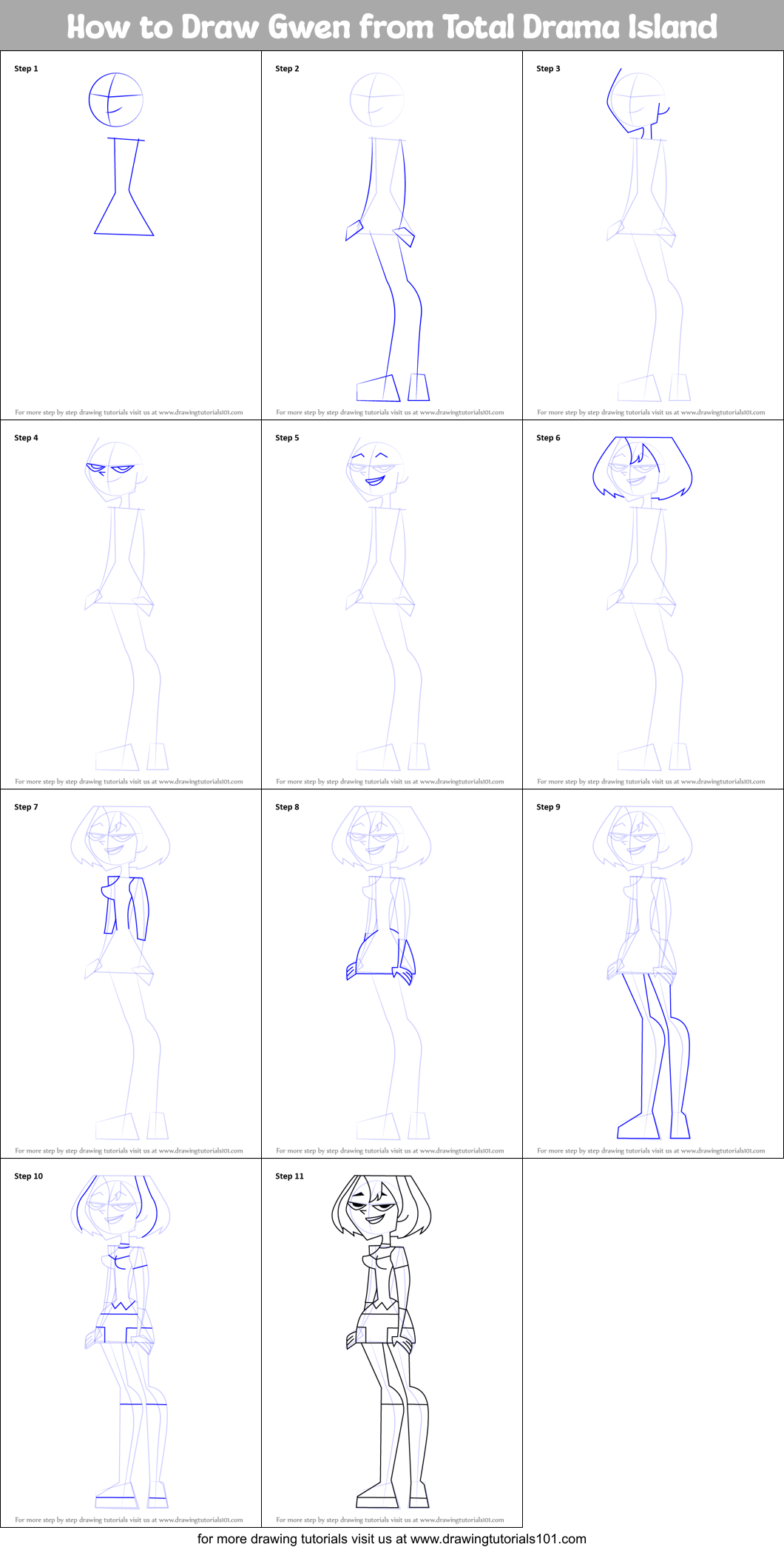 How to Draw Gwen from Total Drama Island printable step by 