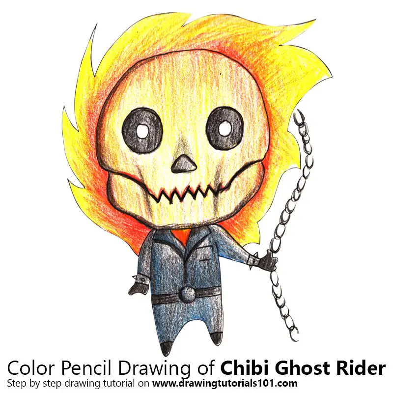 Chibi Ghost Rider Color Pencil Drawing