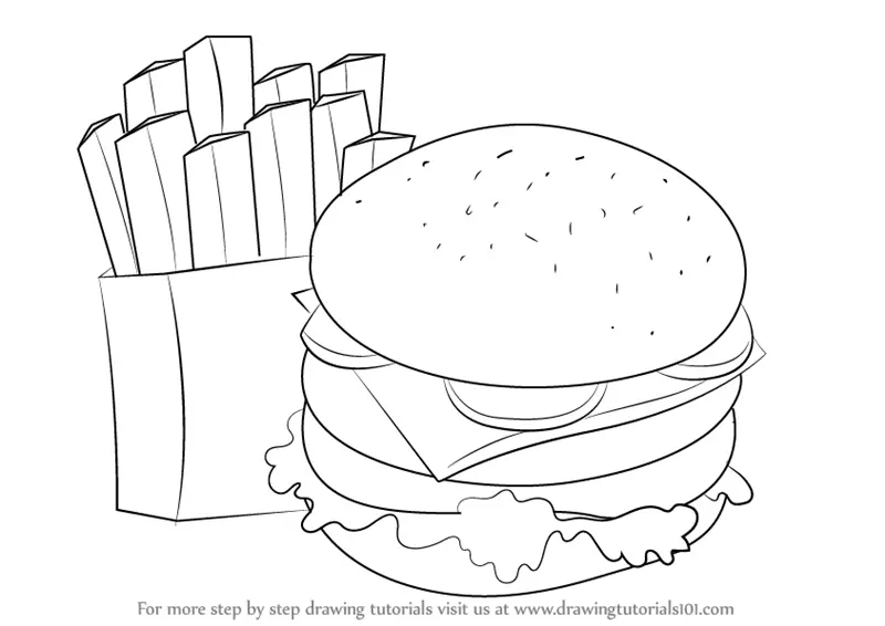 Step by Step How to Draw Hamburger and Fries : DrawingTutorials101.com