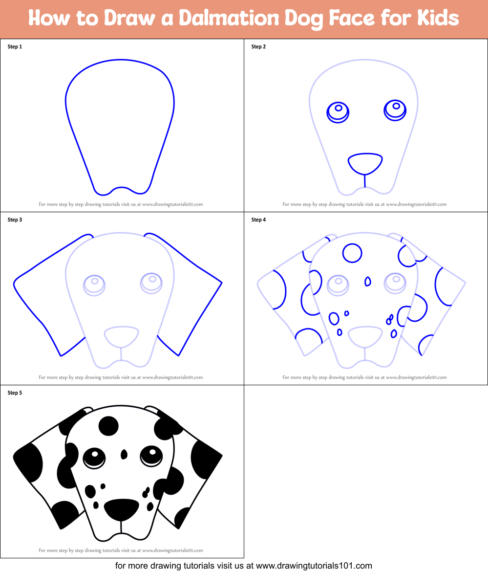 How to Draw a Dalmation Dog Face for Kids (Animal Faces for Kids) Step ...