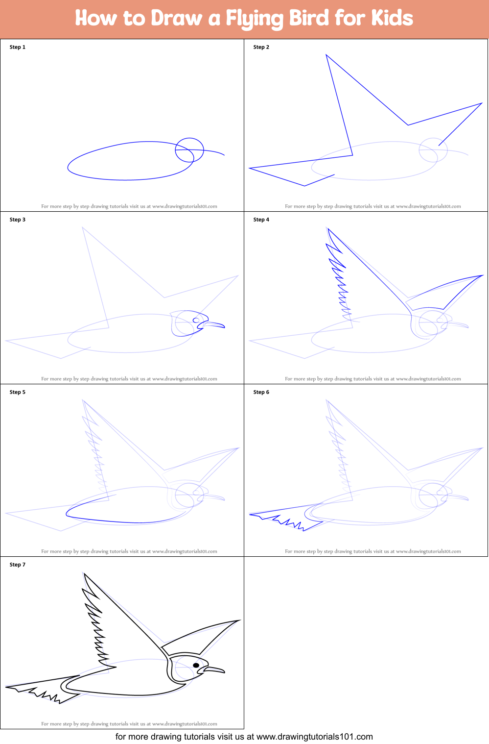 How to Draw a Flying Bird for Kids printable step by step drawing sheet