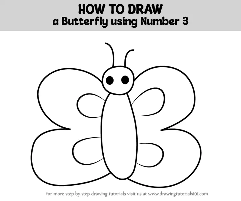 How to Draw a Butterfly using Number 3 (Animals with Numbers) Step by ...