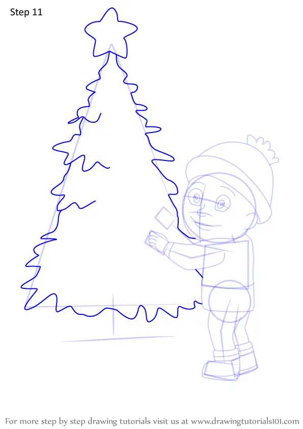 Learn How to Draw Boy Looking at The Christmas Tree (Christmas) Step by Step : Drawing Tutorials