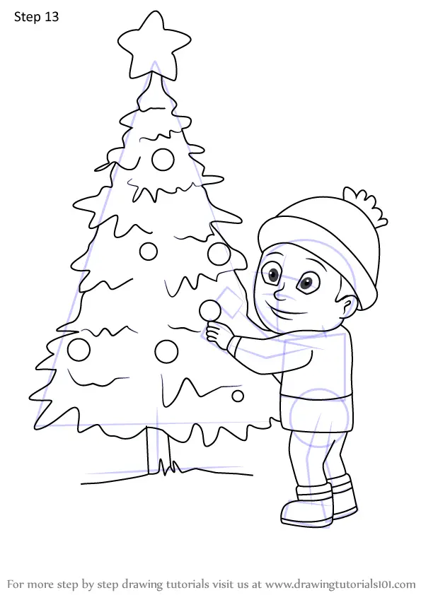 How to Draw Boy Looking at The Christmas Tree (Christmas) Step by Step ...