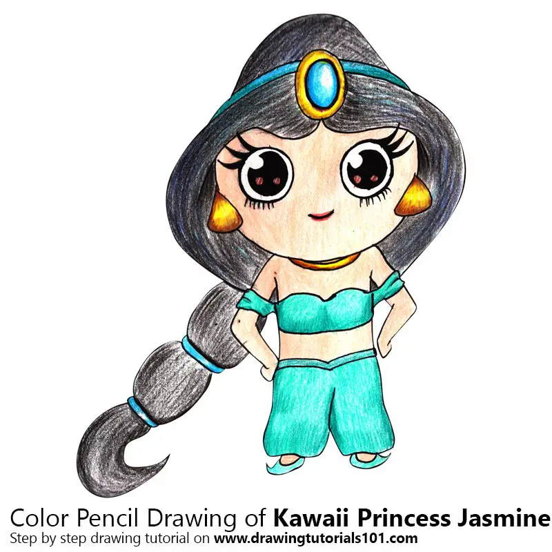 Kawaii Princess Jasmine Color Pencil Drawing