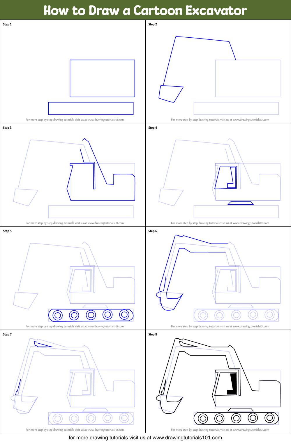 How to Draw a Cartoon Excavator printable step by step 