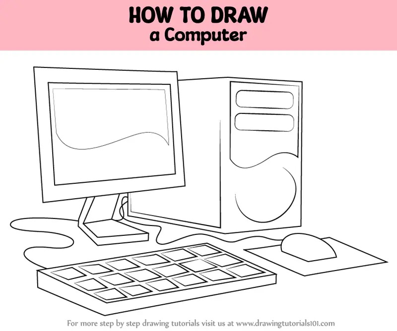 computer desktop with keyboard and mouse, drawing in...