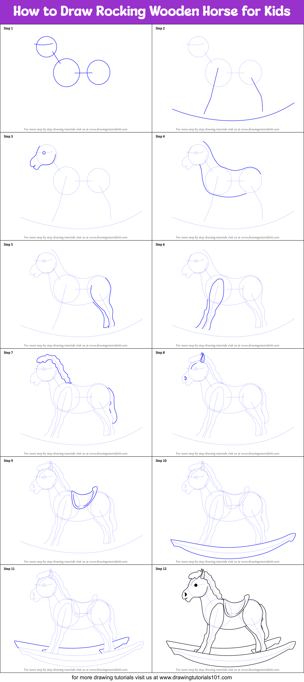 How to Draw Rocking Wooden Horse for Kids printable step by step ...