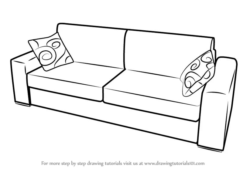 How to Draw Sofa with Cushions (Furniture) Step by Step