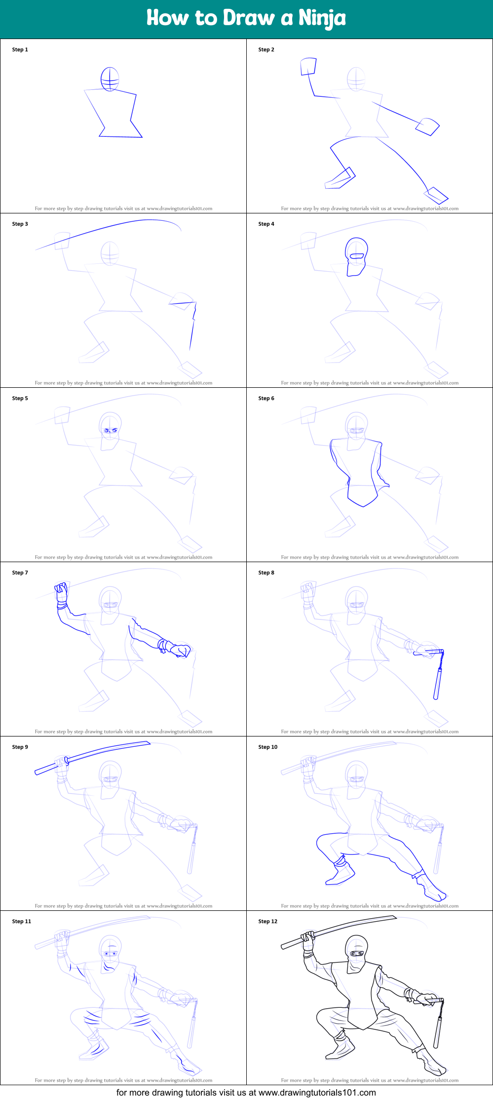 How to Draw a Ninja printable step by step drawing sheet 