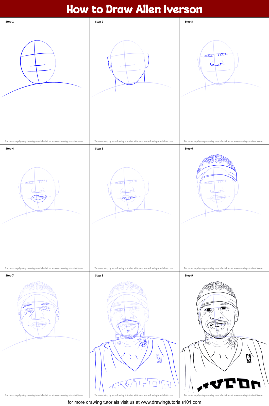How to Draw Allen Iverson (Basketball Players) Step by Step