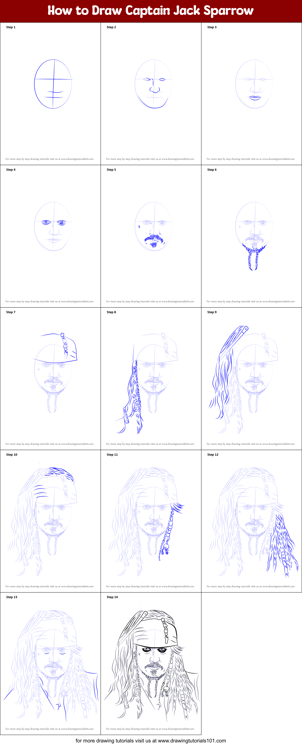 How to Draw Captain Jack Sparrow printable step by step drawing sheet