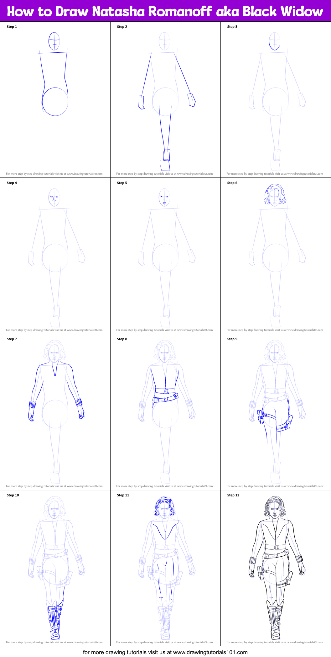 How to Draw Natasha Romanoff aka Black Widow printable 