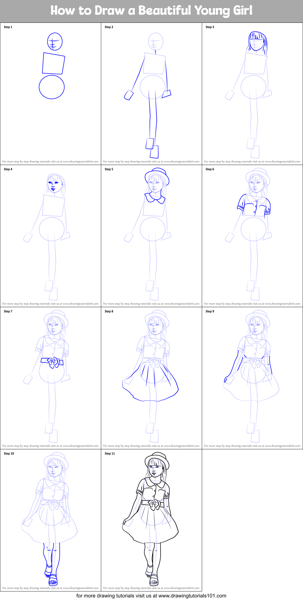 How to Draw a Beautiful Young Girl printable step by step drawing sheet 