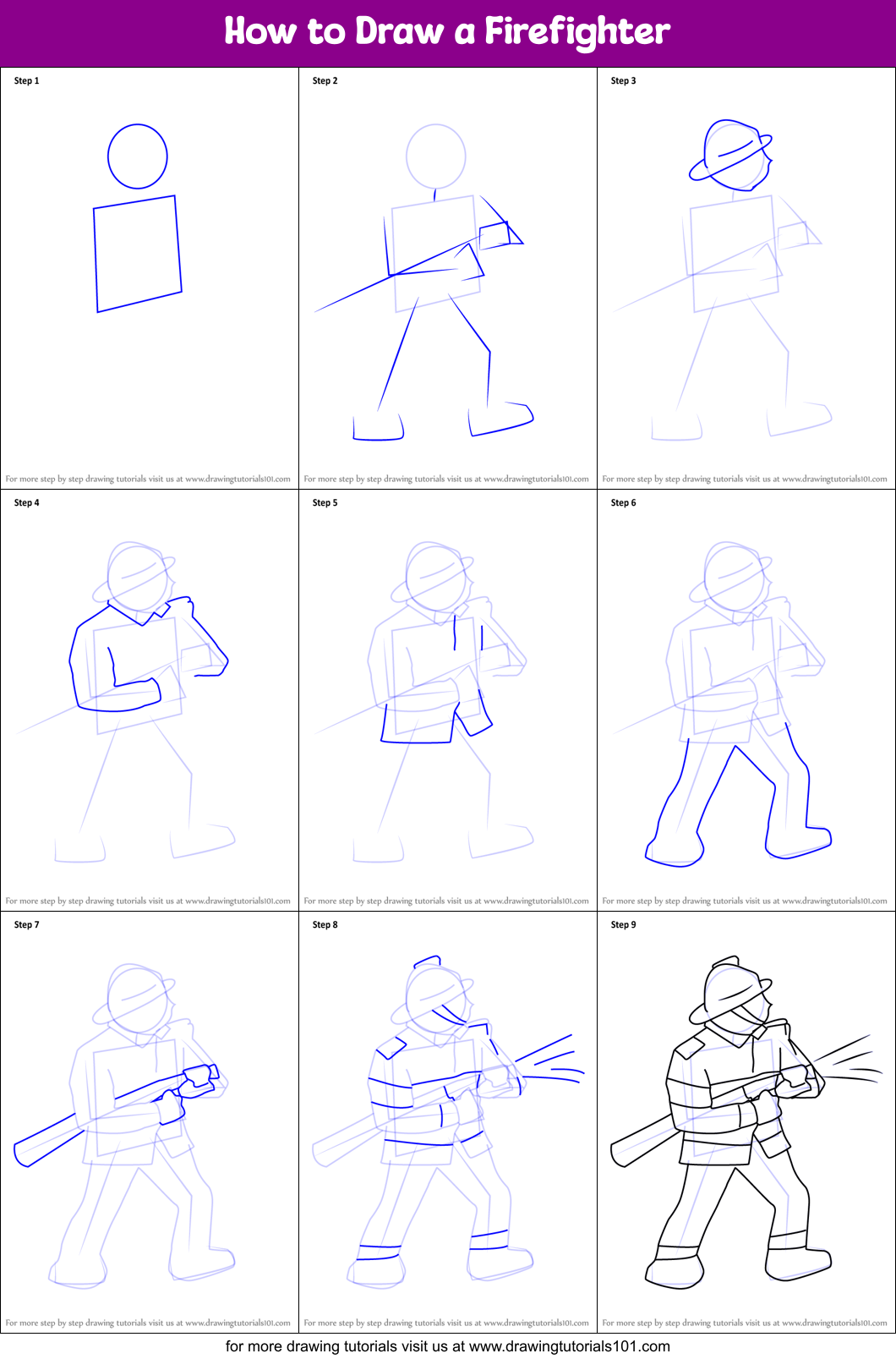 How to Draw a Firefighter printable step by step drawing sheet ...