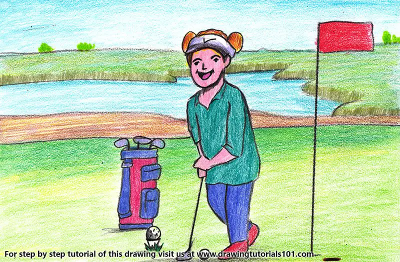 Golf Player at Golf Course Scene Color Pencil Drawing