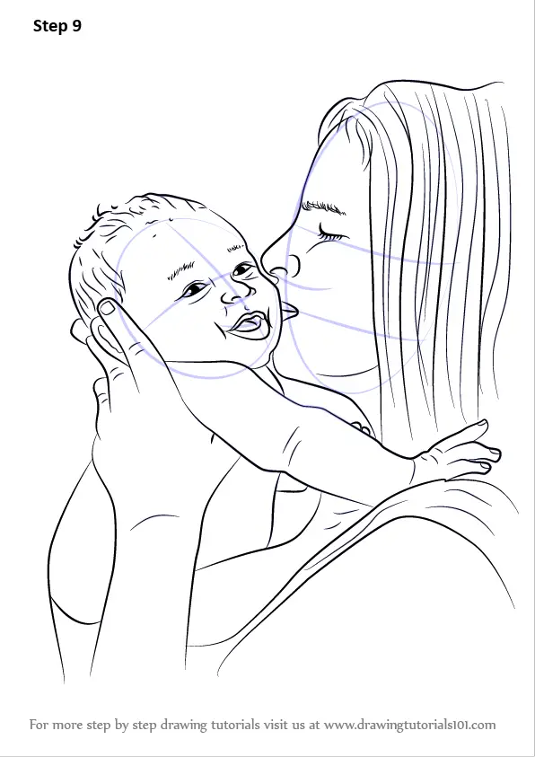 Young mother holding a cute baby in her arms Sketch with a line in color  Vector illustration of a mother holding her little daughter in her arms  Happy Mothers Day greeting card