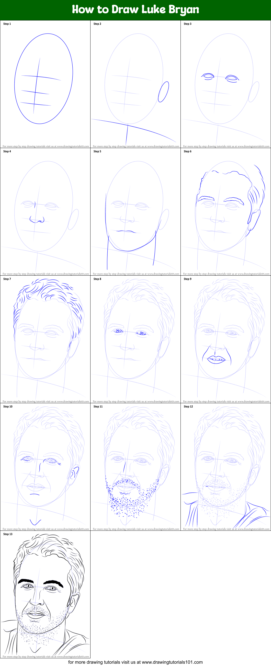 Download How to Draw Luke Bryan printable step by step drawing sheet : DrawingTutorials101.com