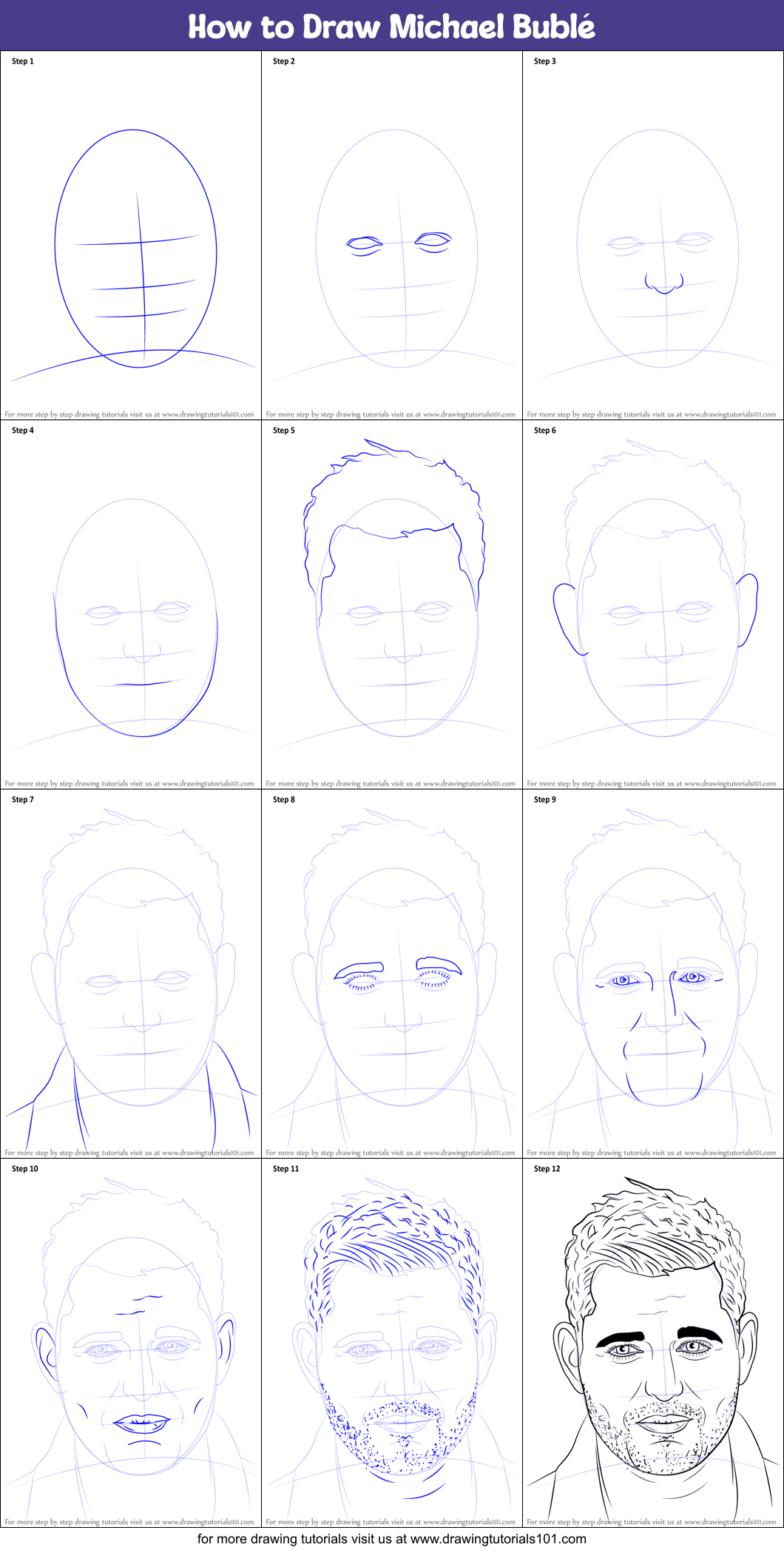 How to Draw Michael Bublé (Singers) Step by Step | DrawingTutorials101.com