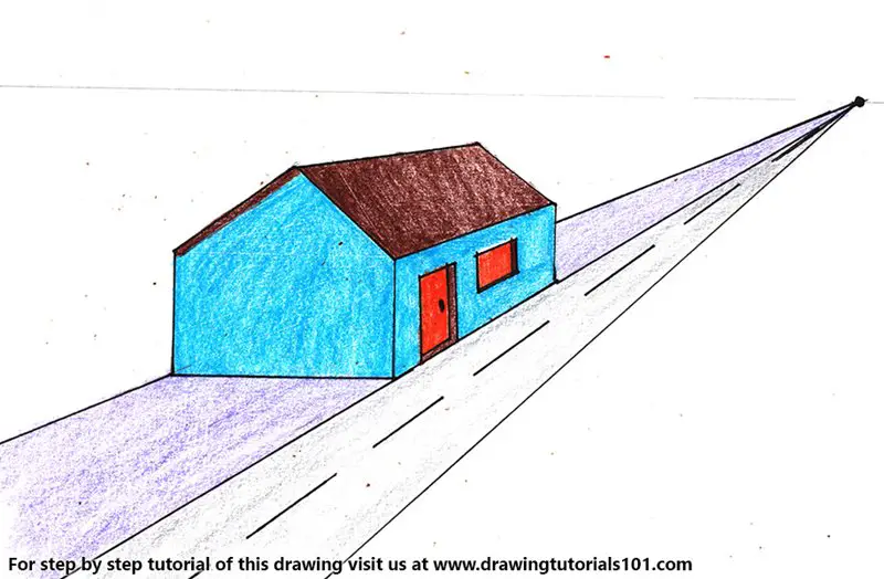 One Point Perspective House Color Pencil Drawing