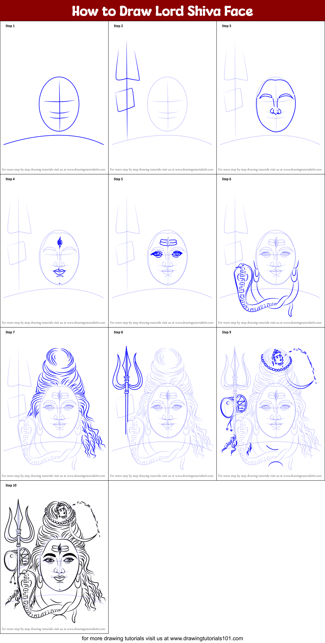 How to Draw Lord Shiva Face printable step by step drawing sheet