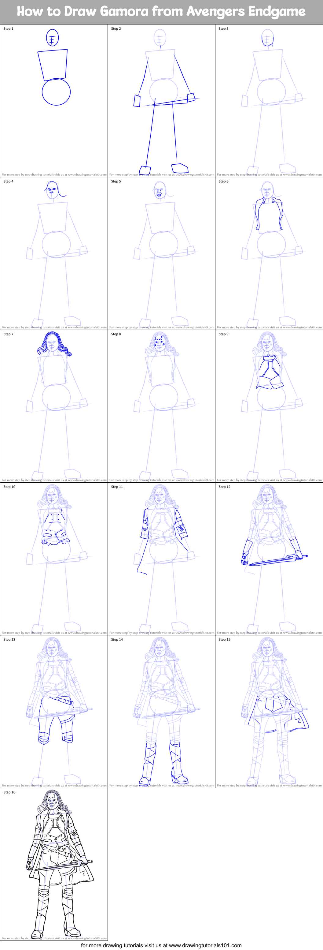 How to Draw Gamora from Avengers Endgame printable step by step drawing