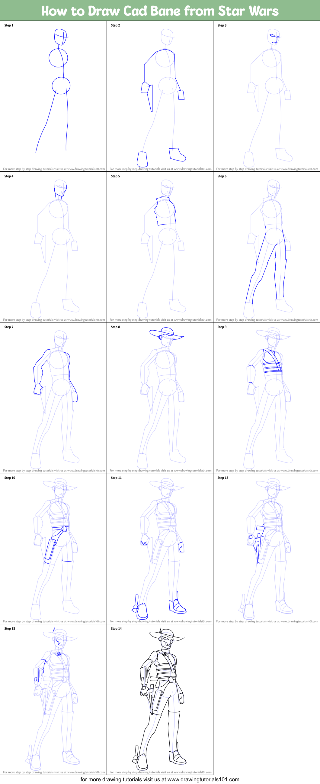 How to Draw Cad Bane from Star Wars printable step by step drawing