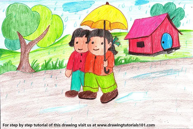 Rainy day scenery drawing with water colour/Village rainy season drawing  easy | Easy drawings, Youtube channel art, Rainy day