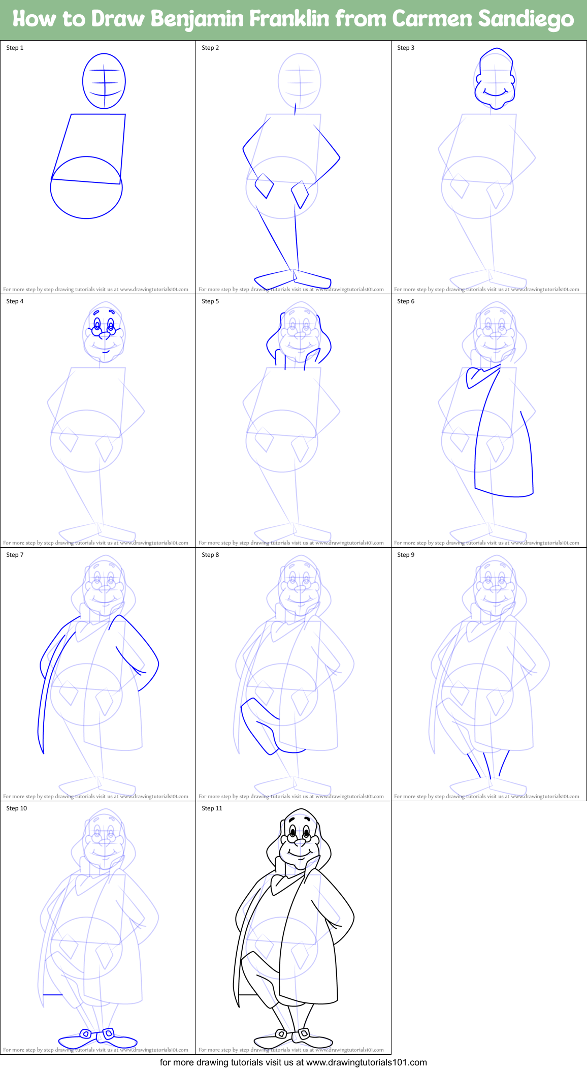 How to Draw Benjamin Franklin from Carmen Sandiego printable step by ...