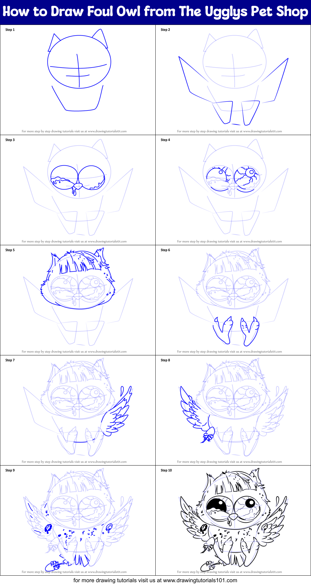 How to Draw Foul Owl from The Ugglys Pet Shop printable step by step