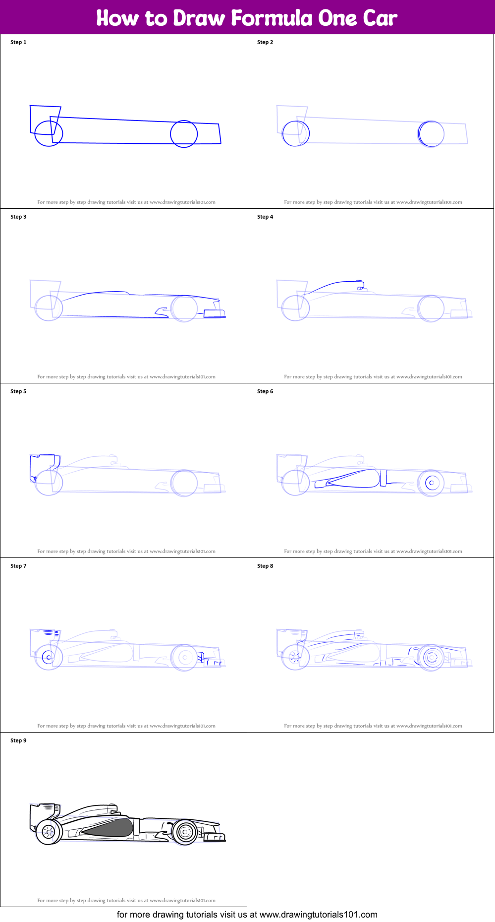How to Draw Formula One Car printable step by step drawing 