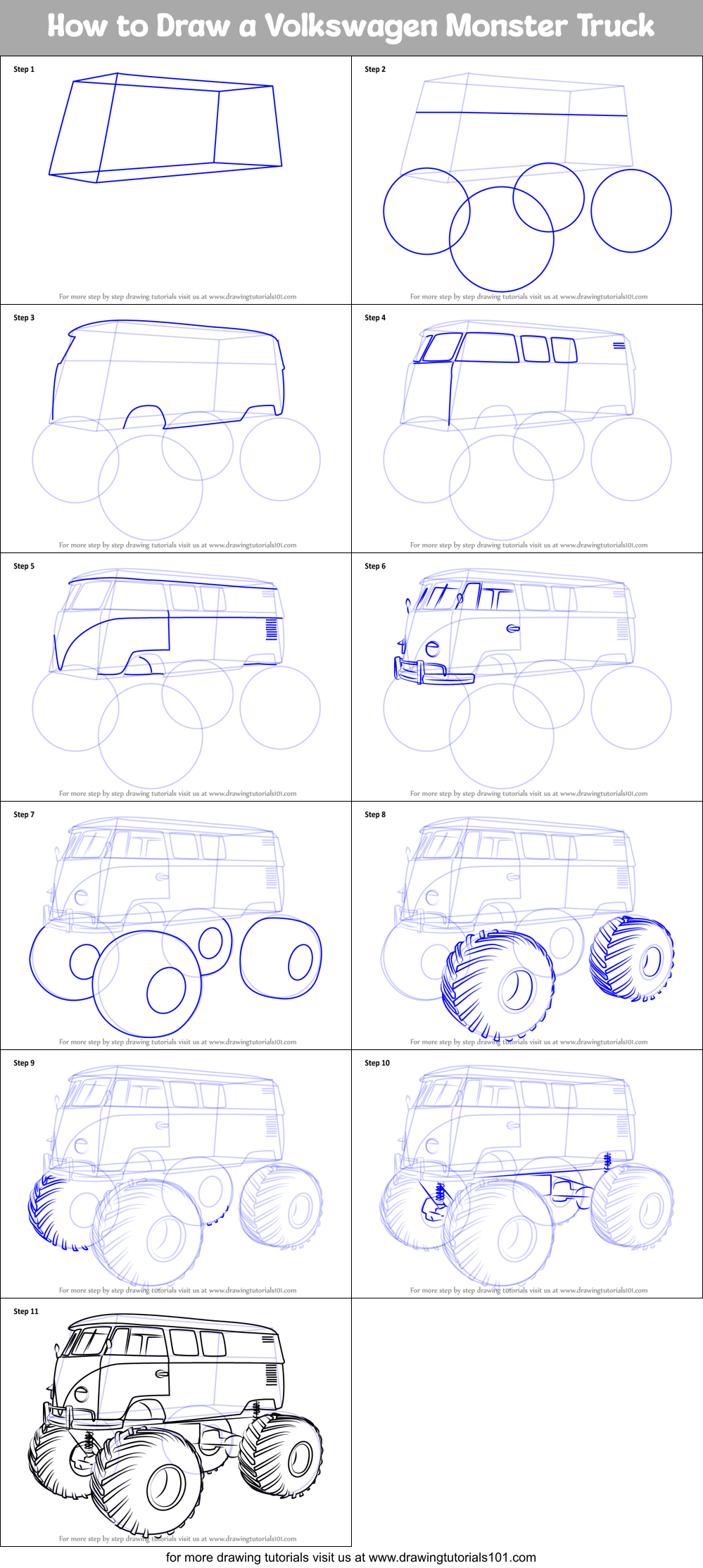 How to Draw a Volkswagen Monster Truck printable step by step drawing