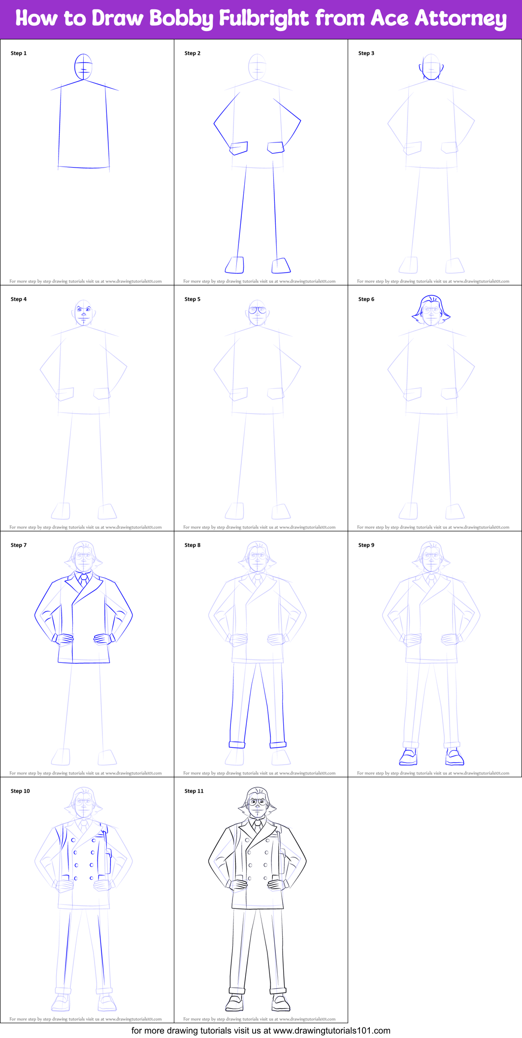 How to Draw Bobby Fulbright from Ace Attorney (Ace Attorney) Step by ...