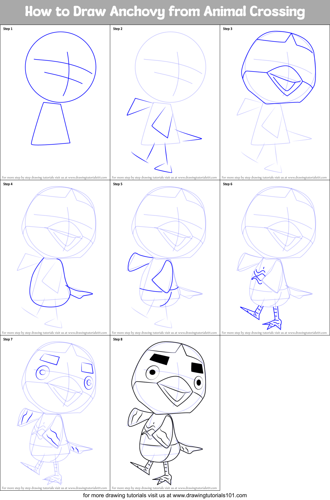 How to Draw Anchovy from Animal Crossing printable step by step drawing