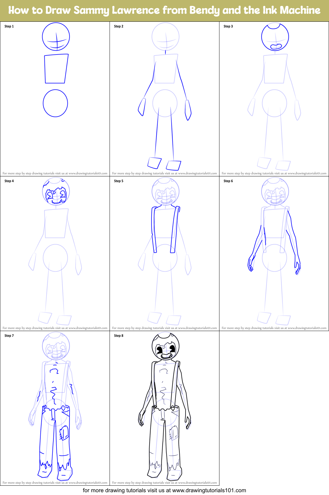 How to Draw Sammy Lawrence from Bendy and the Ink Machine printable step by step