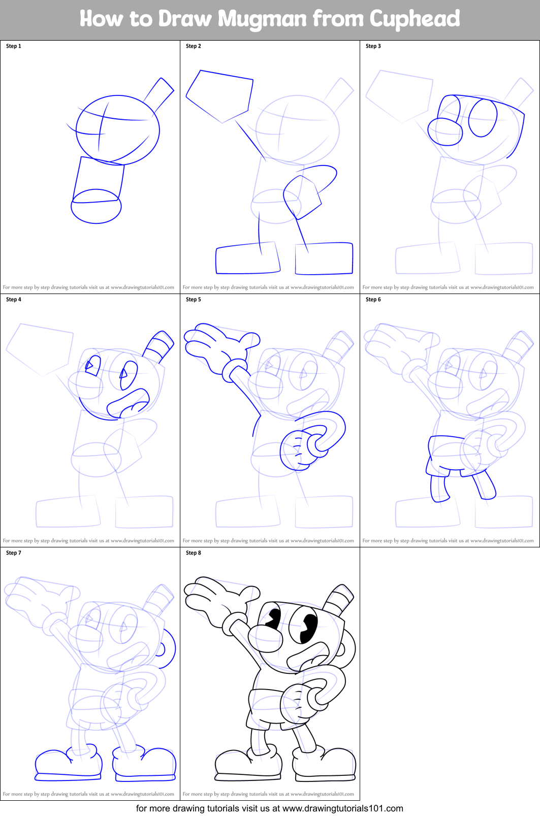 How to Draw Mugman from Cuphead printable step by step drawing sheet