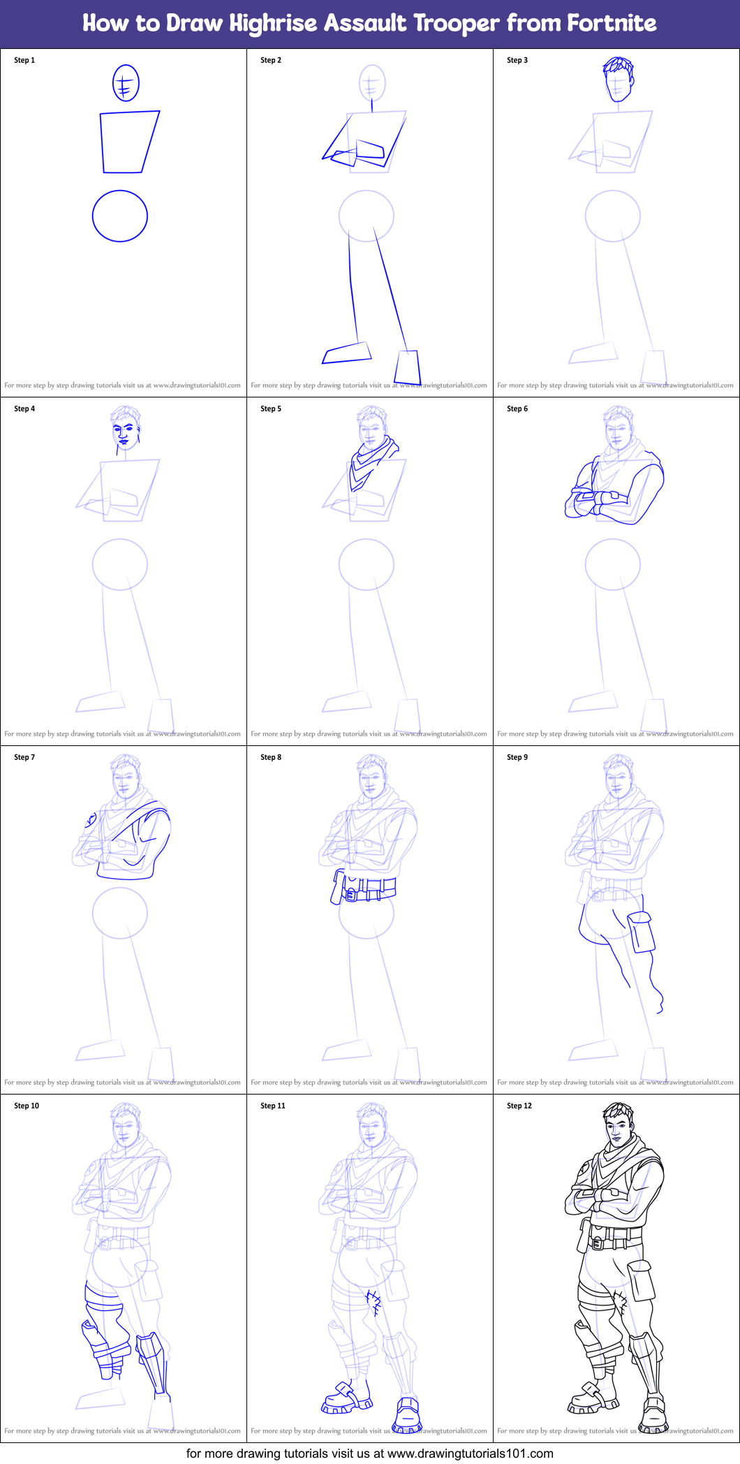 step by step drawing tutorial on how to draw highrise assault trooper from fortnite - high rise trooper fortnite
