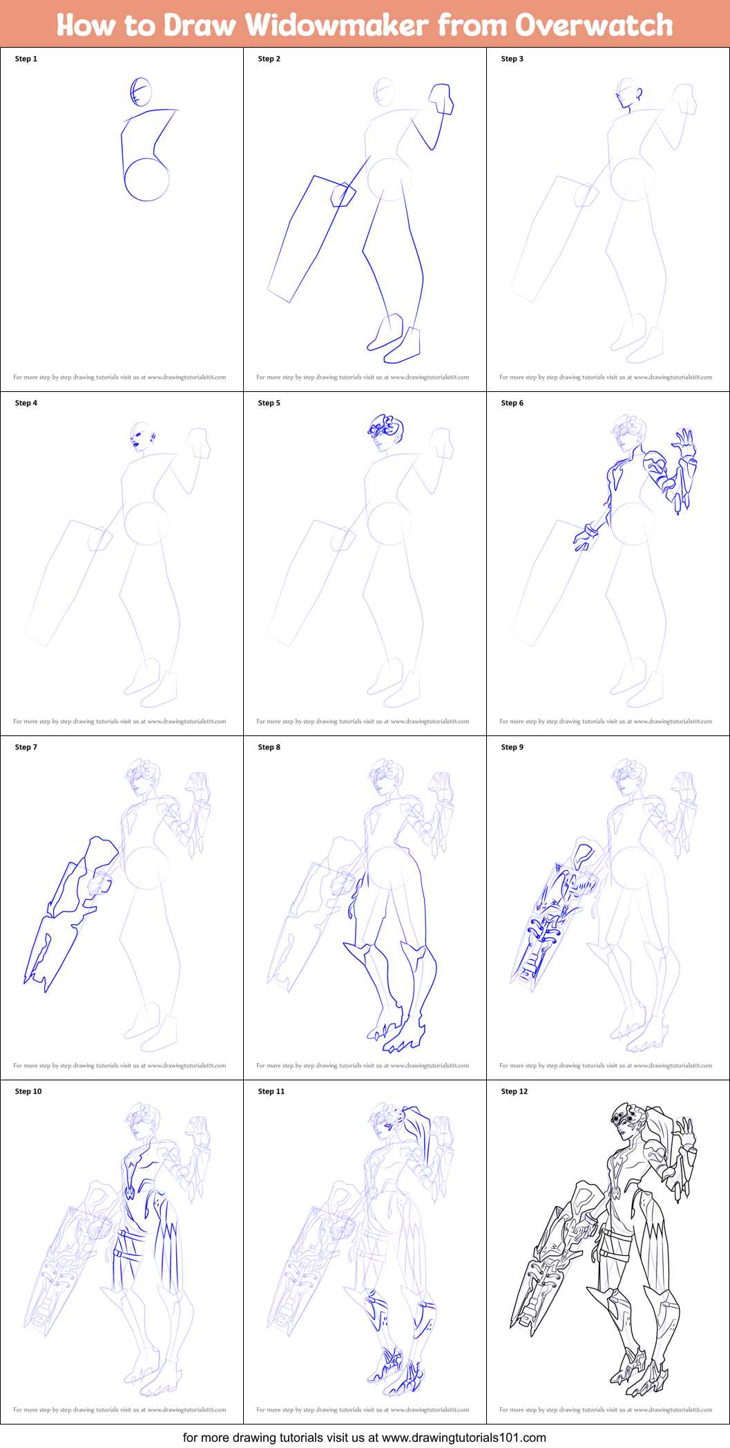 How To Draw Widowmaker From Overwatch Printable Step By Step