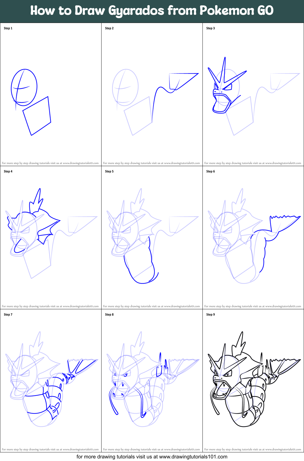 How to Draw Gyarados from Pokemon GO printable step by step drawing