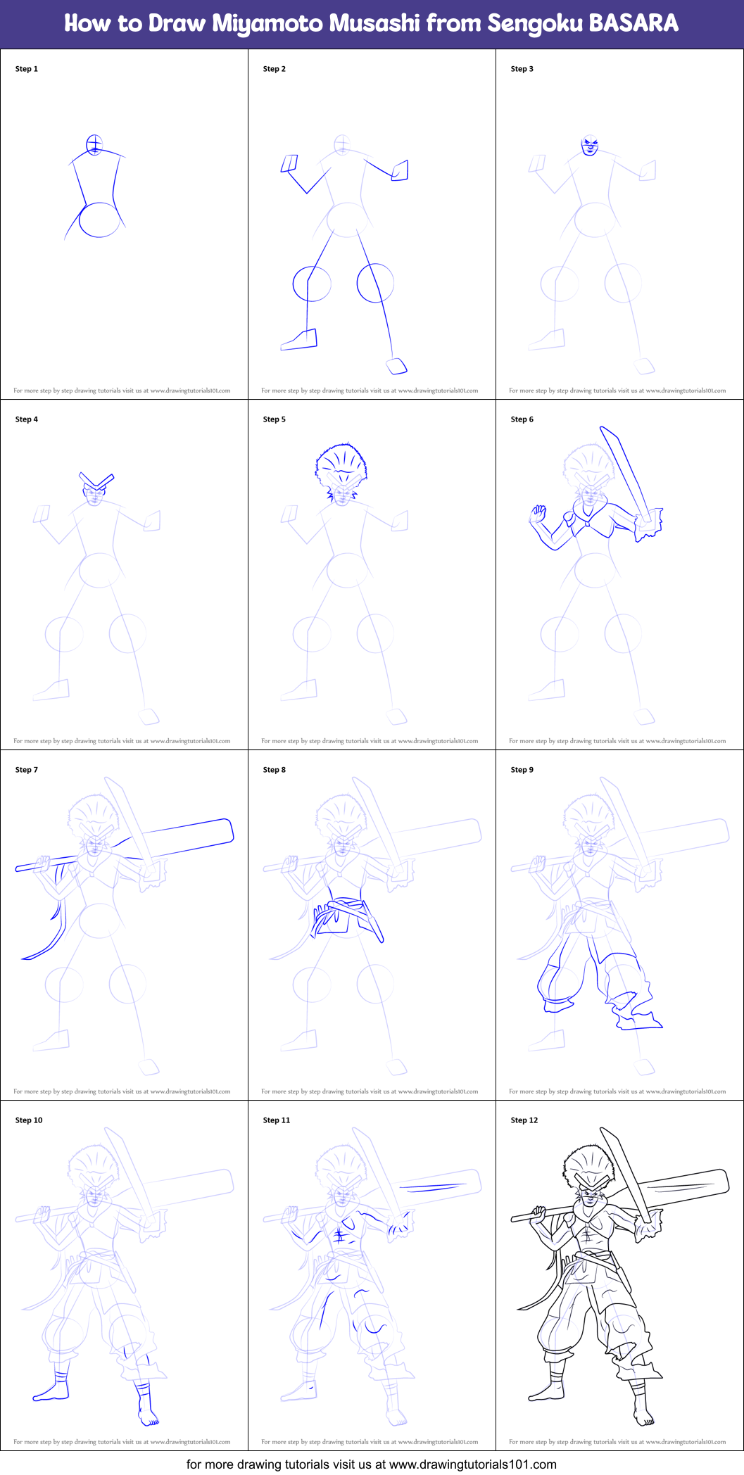 How to Draw Miyamoto Musashi from Sengoku BASARA (Sengoku BASARA) Step ...