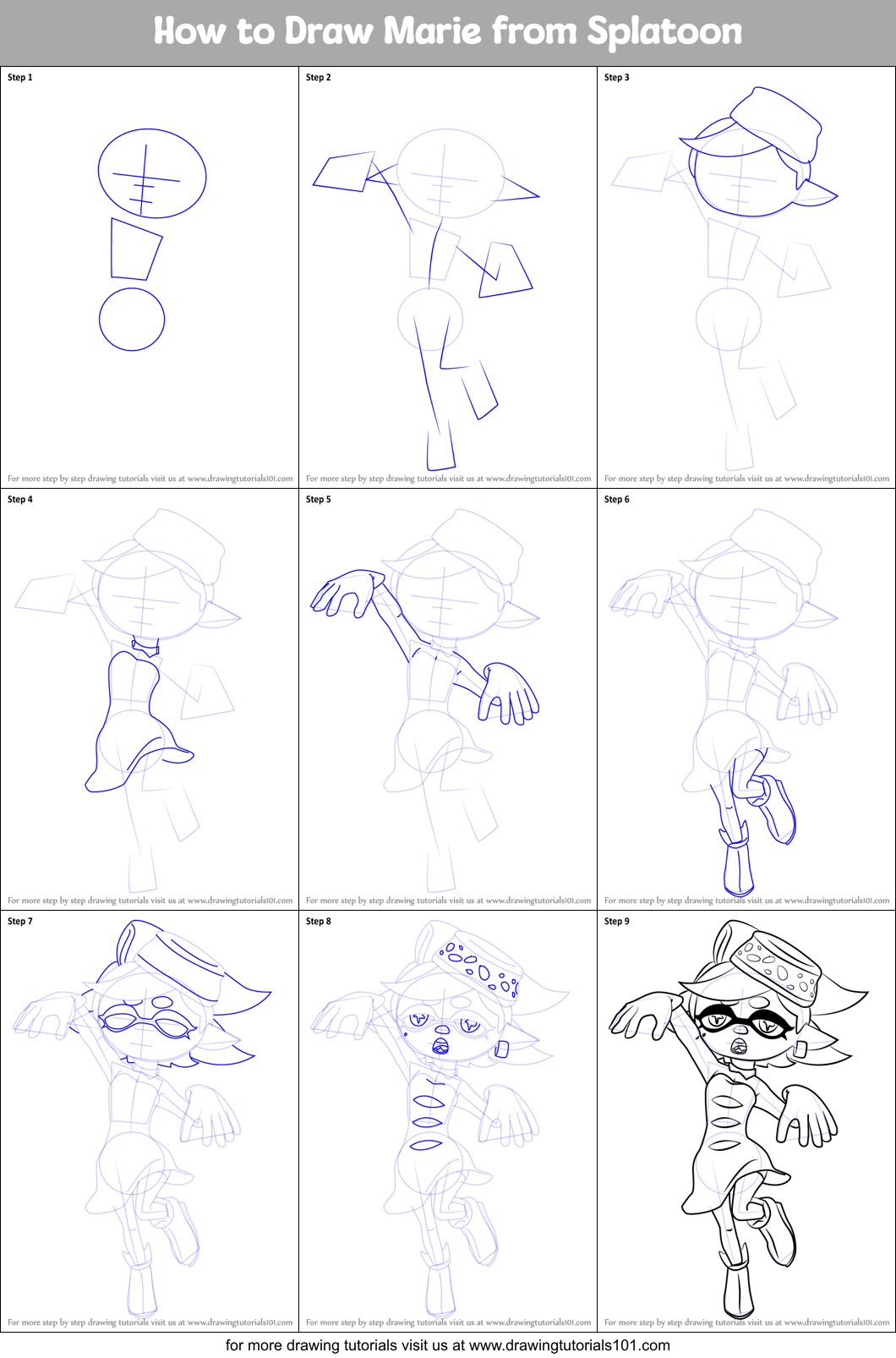 How to Draw Marie from Splatoon printable step by step drawing sheet
