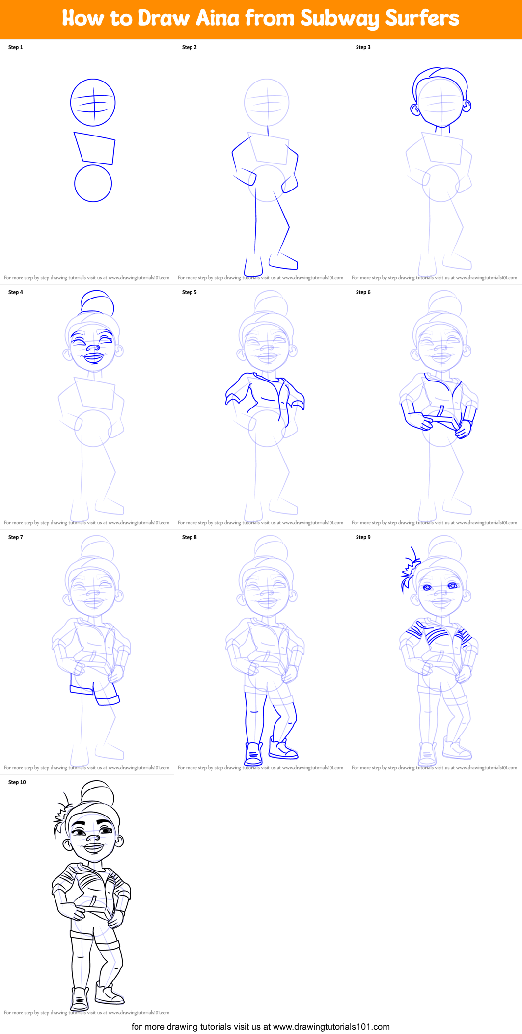 How to Draw Aina from Subway Surfers printable step by step drawing ...