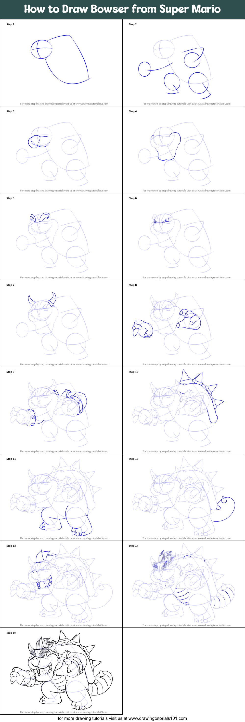 How to Draw Bowser from Super Mario printable step by step drawing