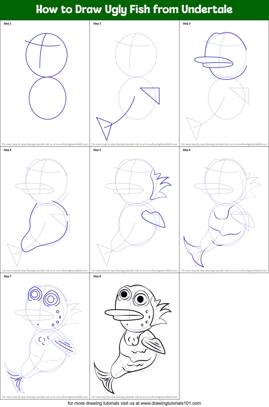 How to Draw Ugly Fish from Undertale printable step by step drawing