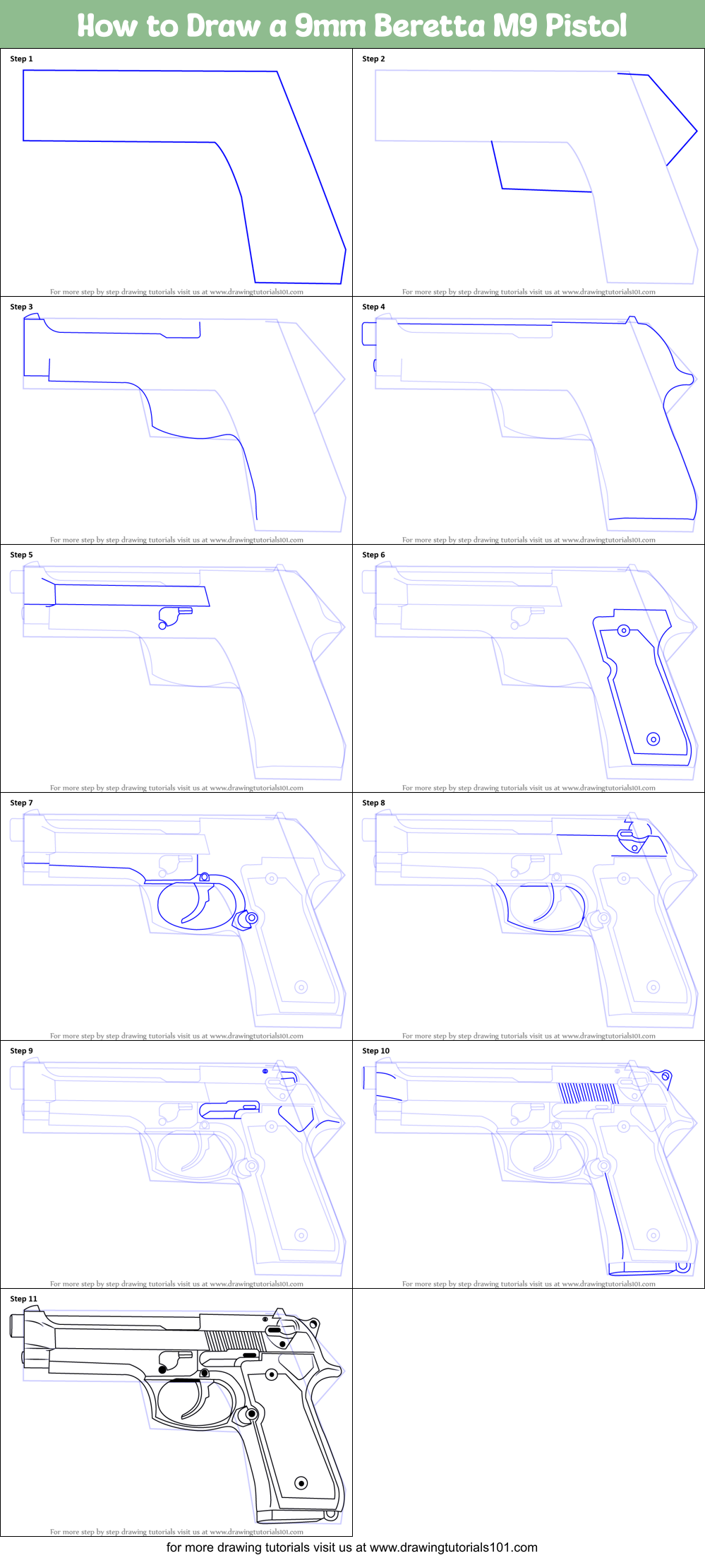 How to Draw a 9mm Beretta M9 Pistol printable step by step drawing