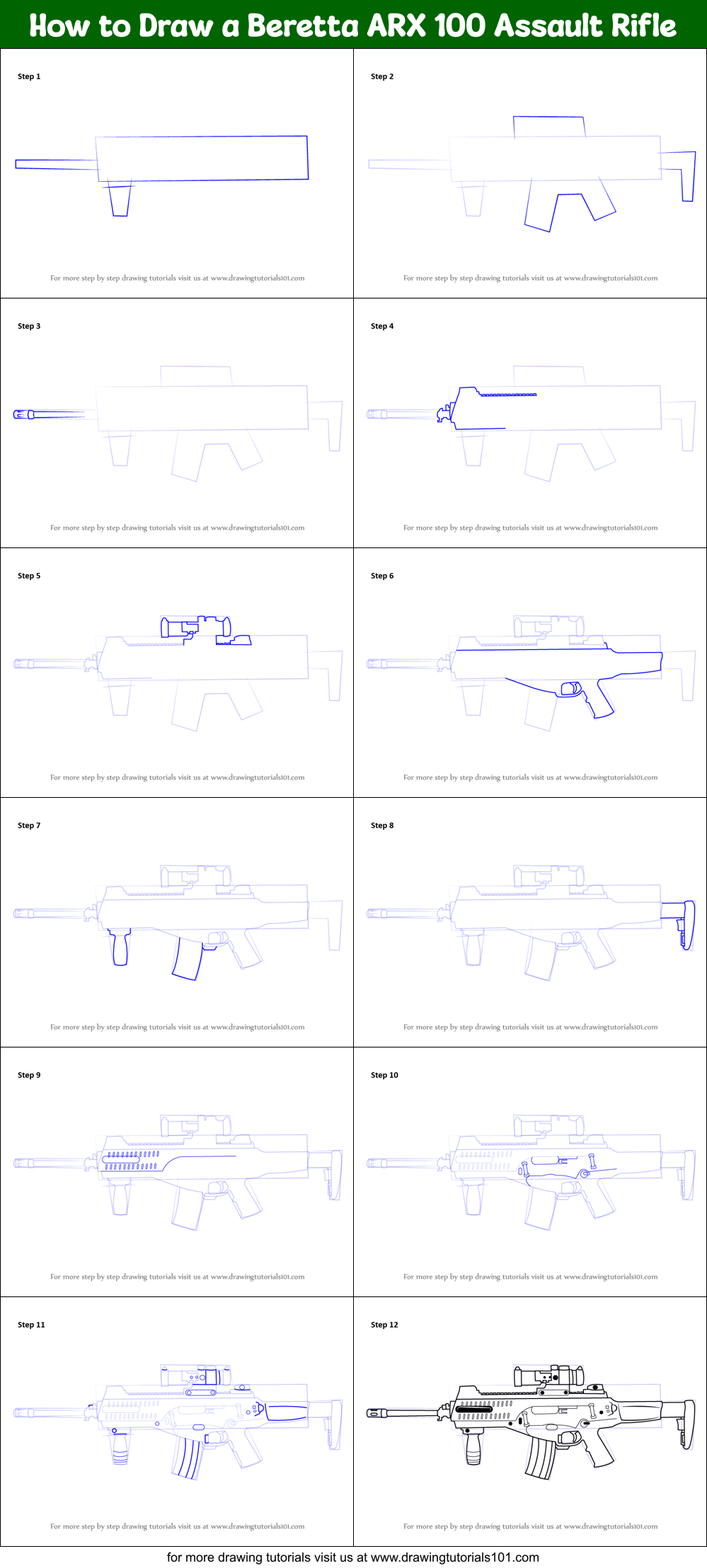 How to Draw a Beretta ARX 100 Assault Rifle printable step by step